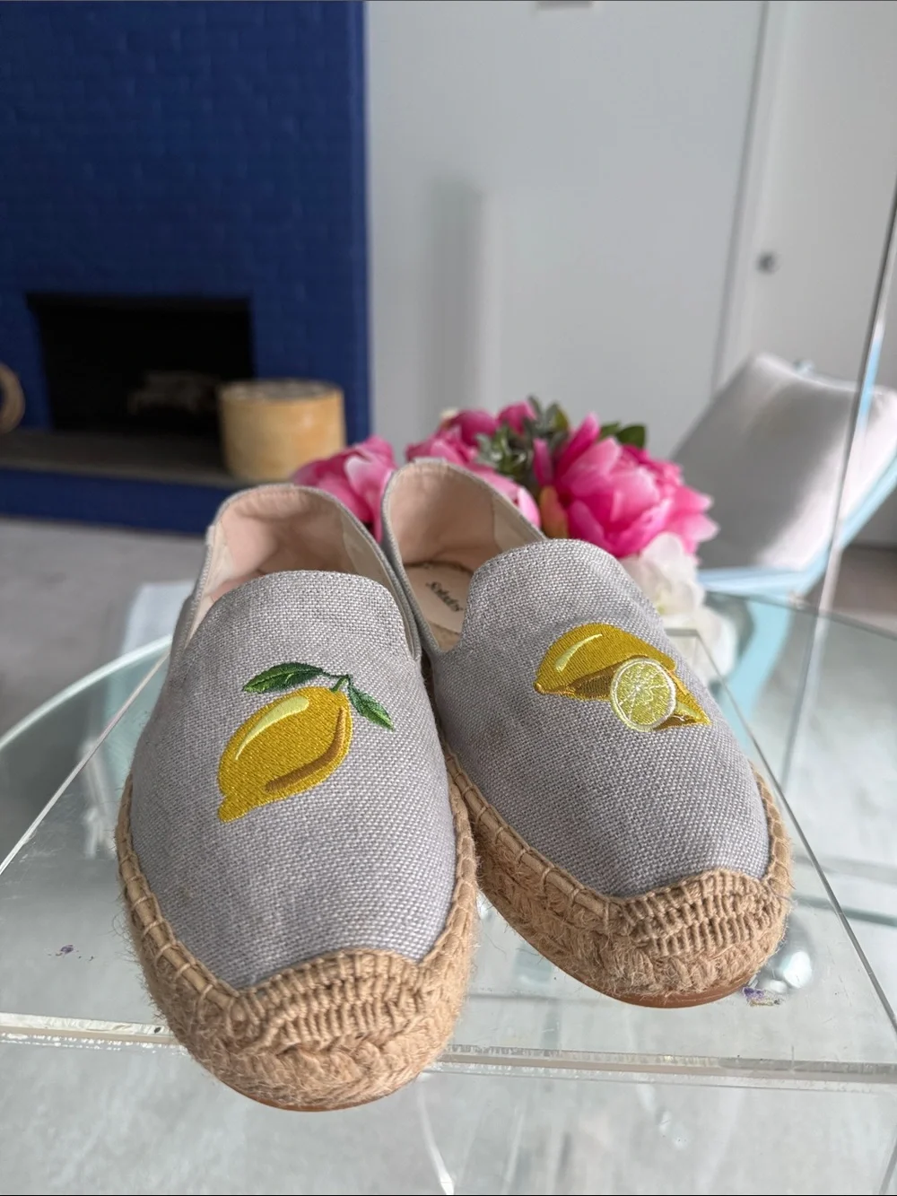 Soludos Embroidered Lemon Espadrilles Neutral Linen Euro Summer 9.5 Sandal Chic
